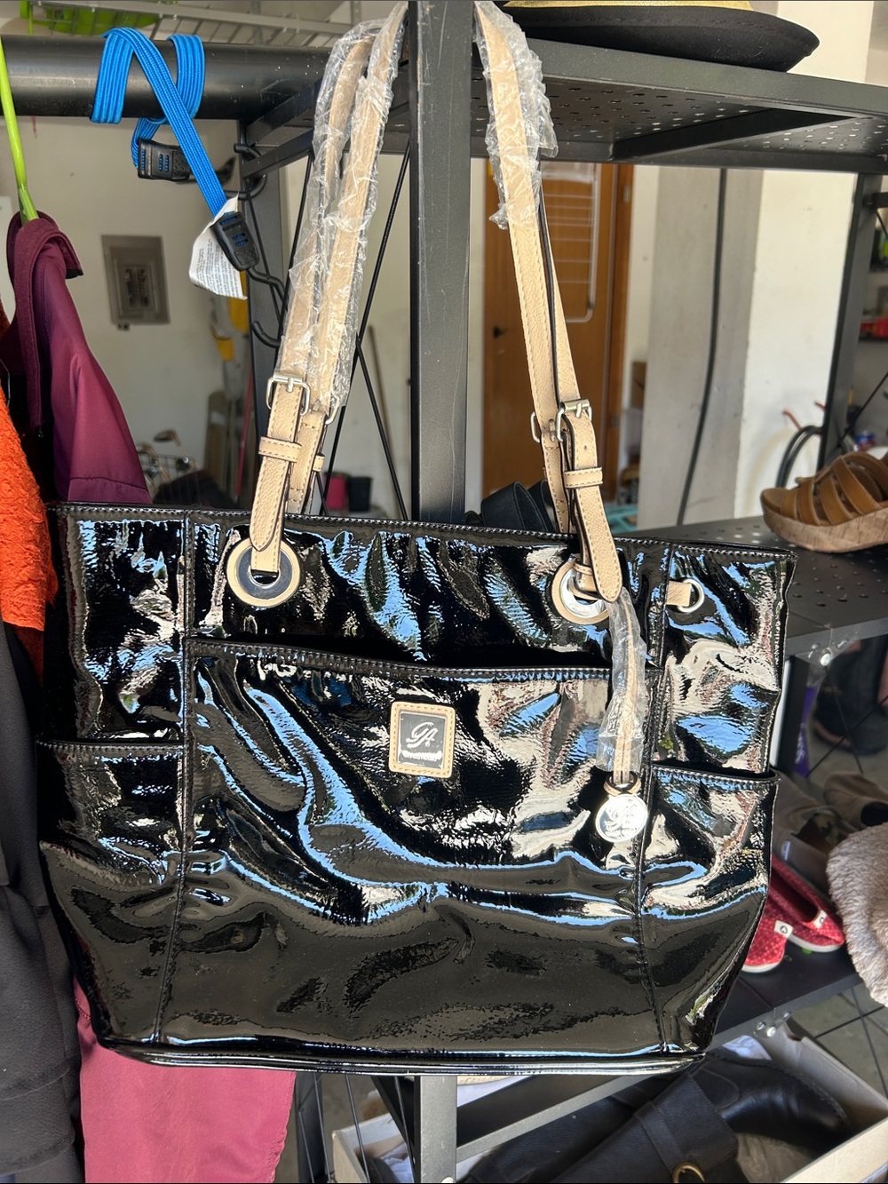 Grace Adele Black patent purse with Tan Straps